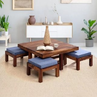 Vanda Solidwood Square Coffee Table With 4 Stool (Honey)