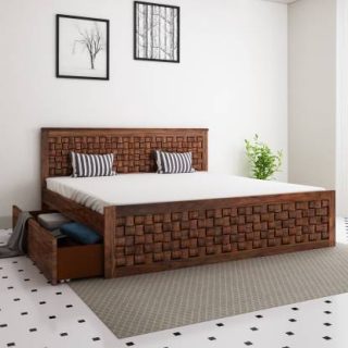 Weave Sheesham Wood Solid Wood King Drawer Bed (Finish Color - Teak)